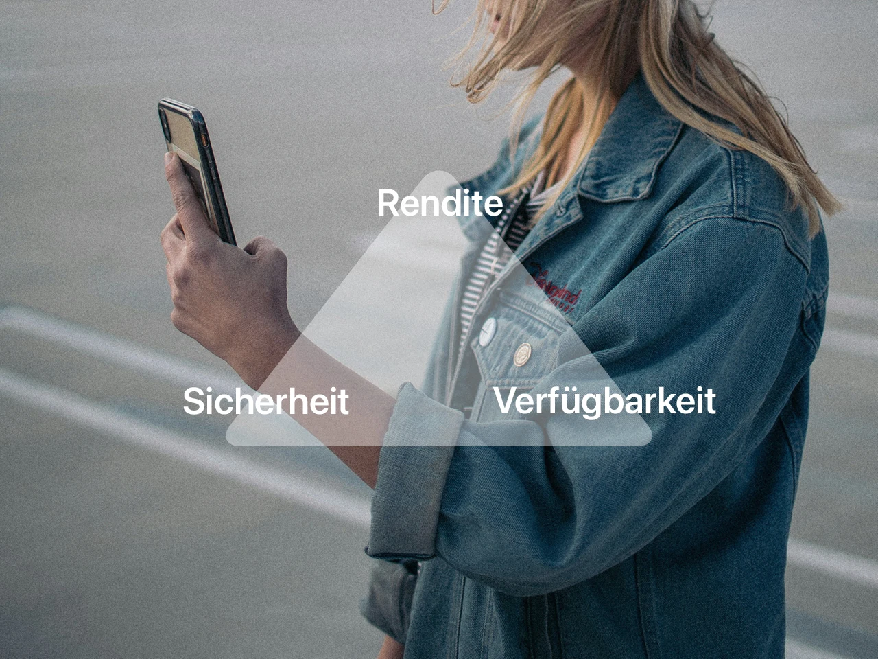Zu sehen ist eine Person in Jeansjacke, die am Handy ist. Darauf ist das magische Dreiecke der Geldanlage dargestellt.