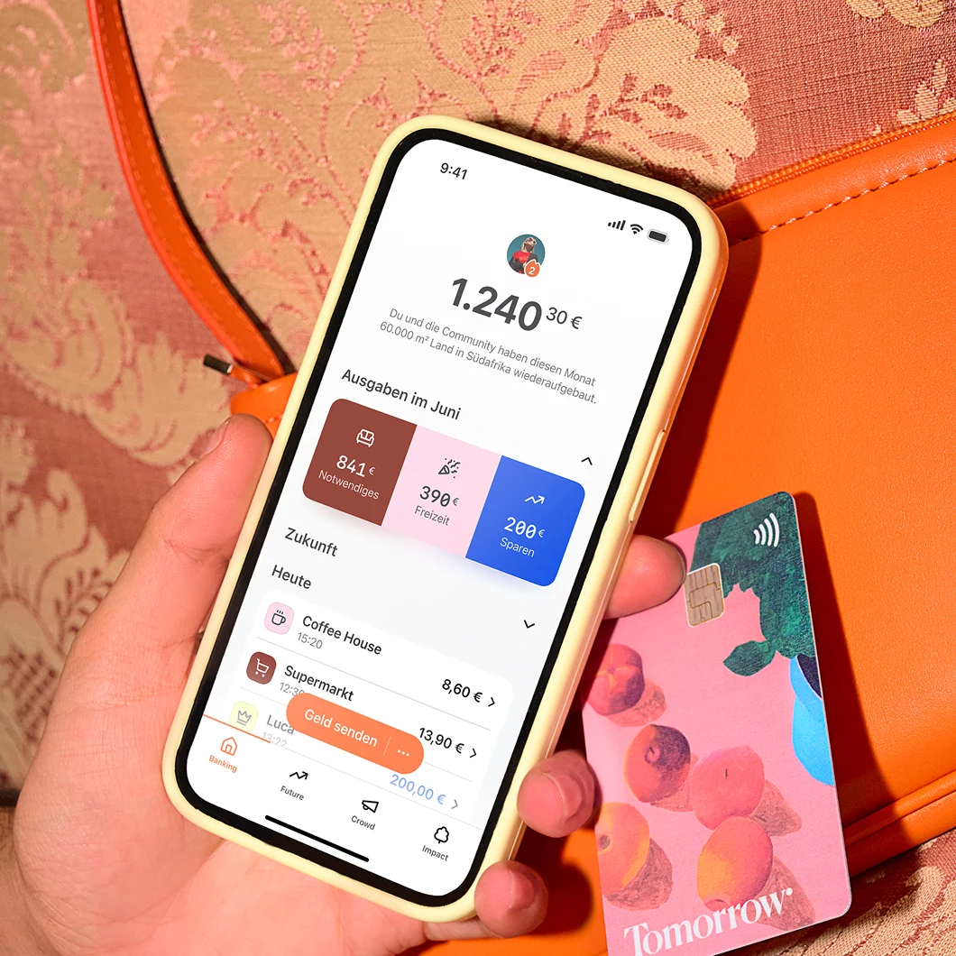 Phone showing Tomorrow app with German UI - Banking Feature Overview DE