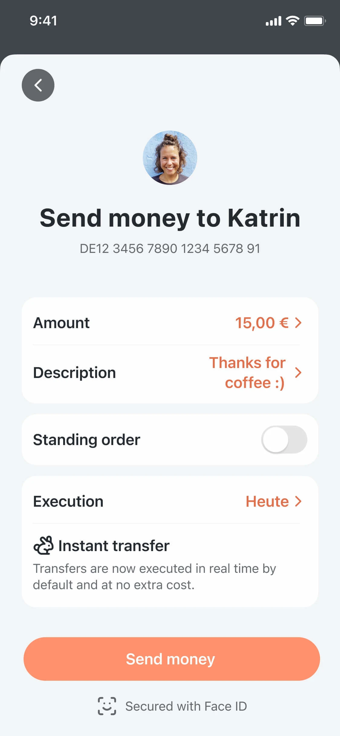 App screenshot of money transfer settings