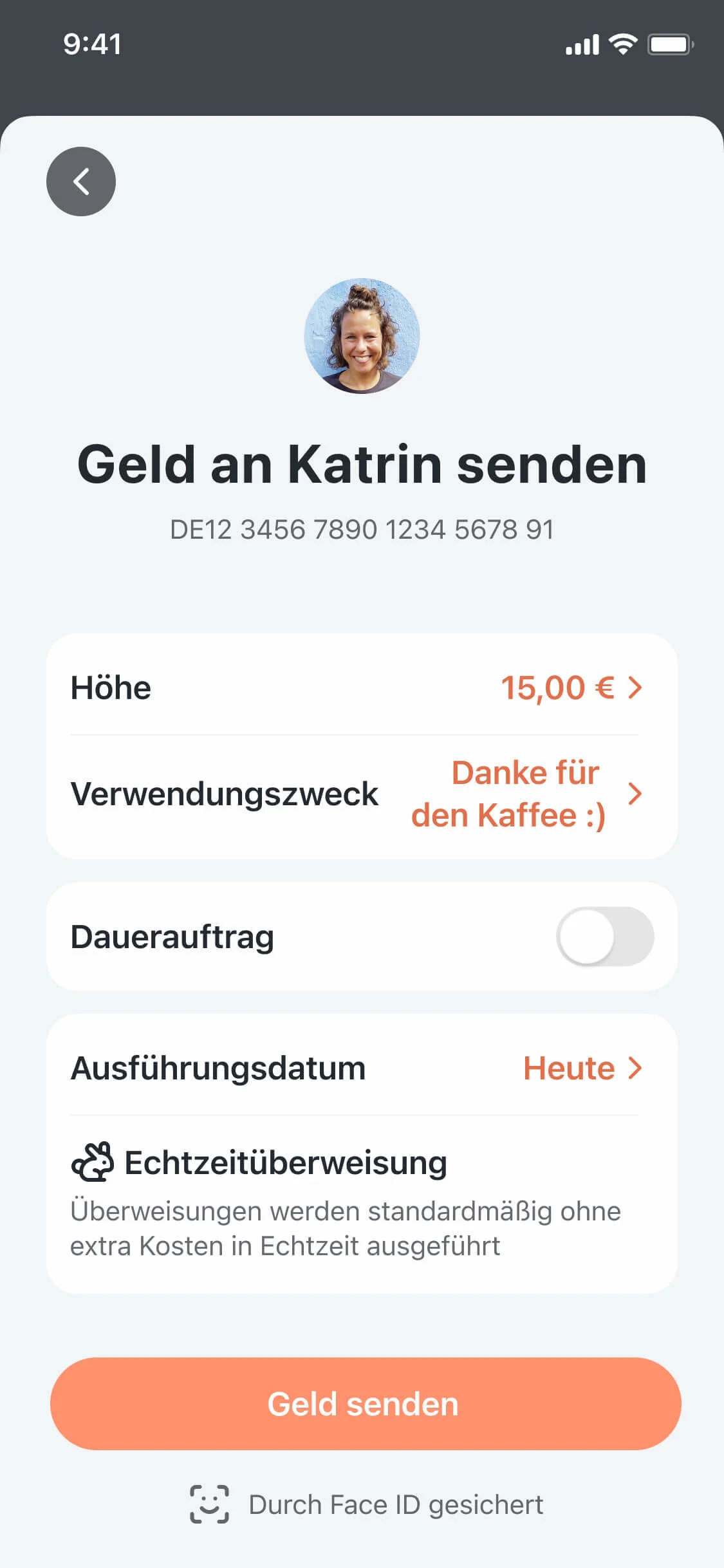 App Screenshot mit Überweisungs-Einstellungen