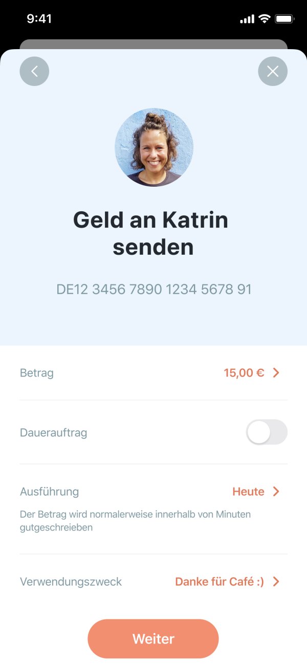 App Screenshot mit Überweisungs-Einstellungen