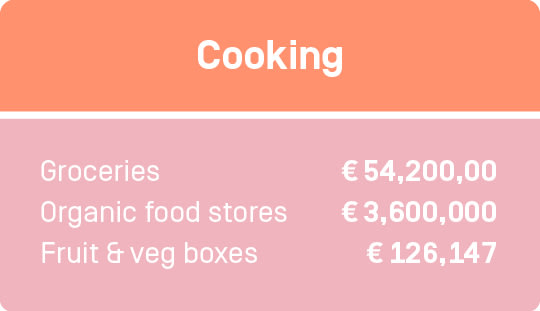 You spent 126147€ on organic fruit and veg boxes. You spent 54.2 million € in supermarkets and 3.6 million € of it in organic stores.