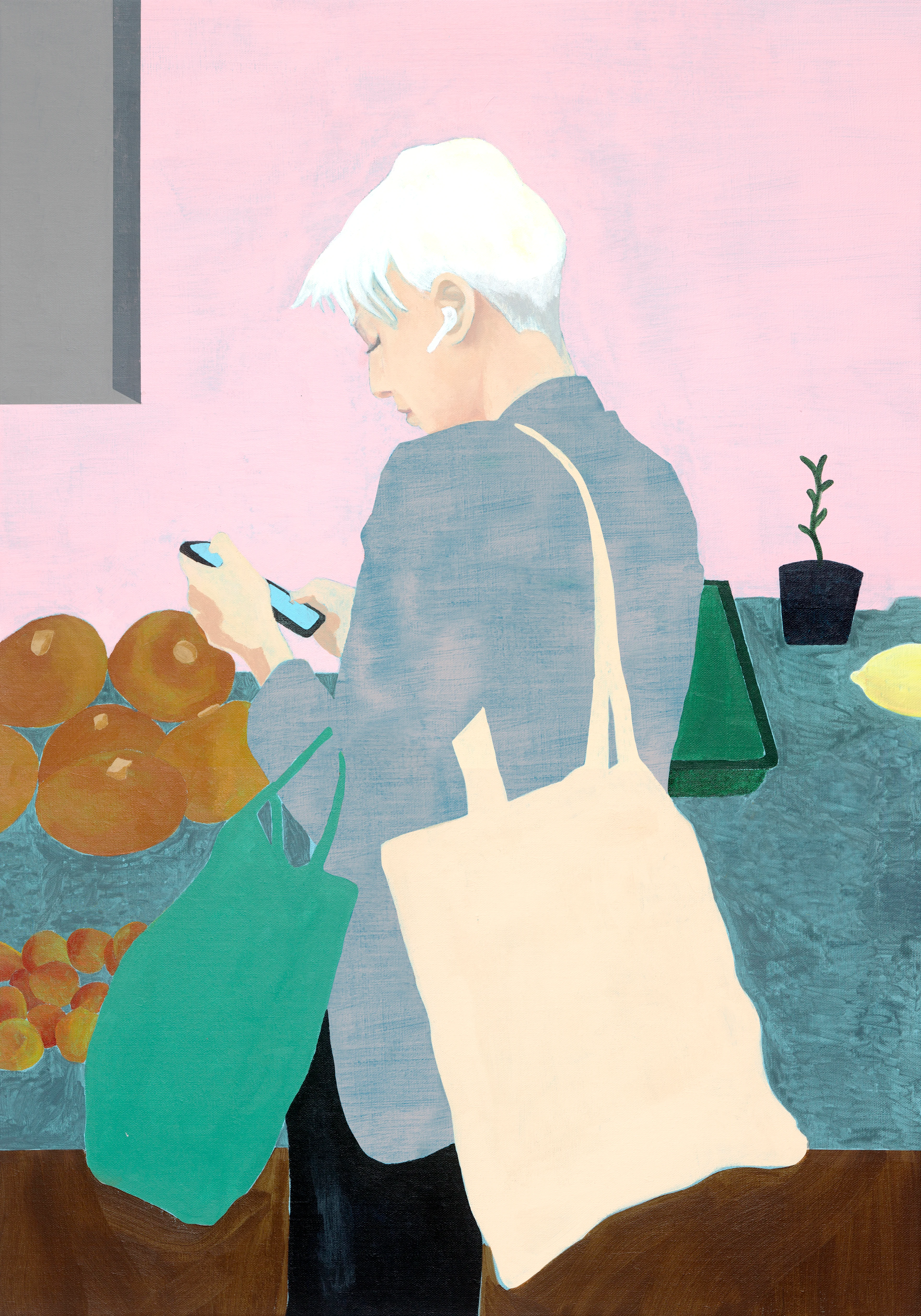 A woman with white hair looking on her mobile phone and carrying shopping bags on her shoulder