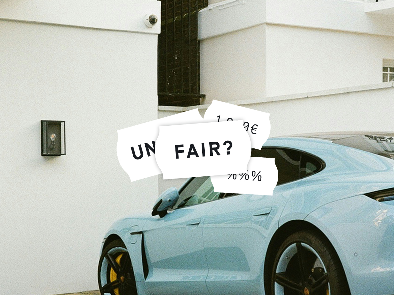 Auf dem Bild zu sehen ist ein teures Auto sowie Euro und Prozentzeichen.