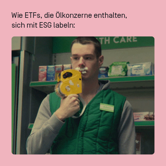 Ein Meme, bei dem ein junger Mann sich mit einem Etikettier-Gerät selbst im Gesicht etikettiert hat. Darüber der Text: Wie ETFs. die Ölkonzerne enthalten, sich mit ESG labeln: