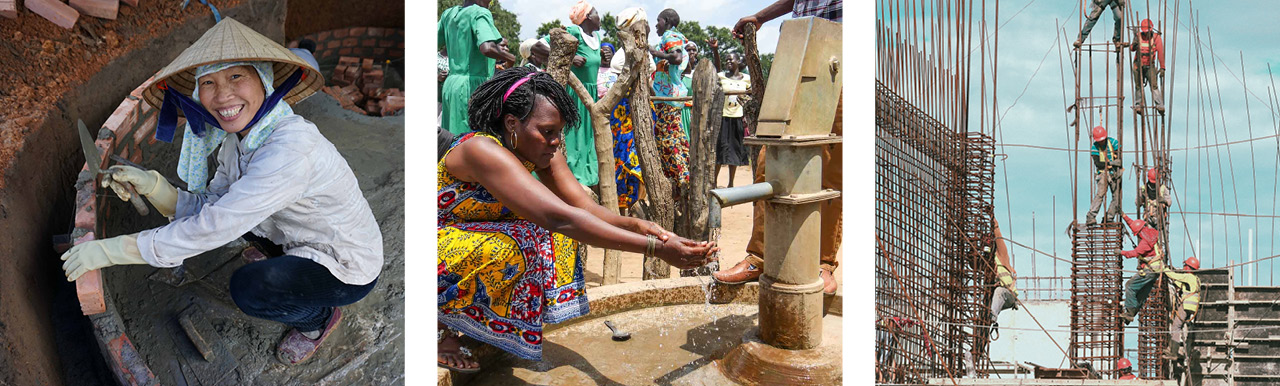 Frau wäscht Hände am Brunnen (Mitte) / Baustelle (rechts)