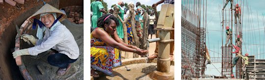 Woman washing hands at fountain (center) / construction site (right)