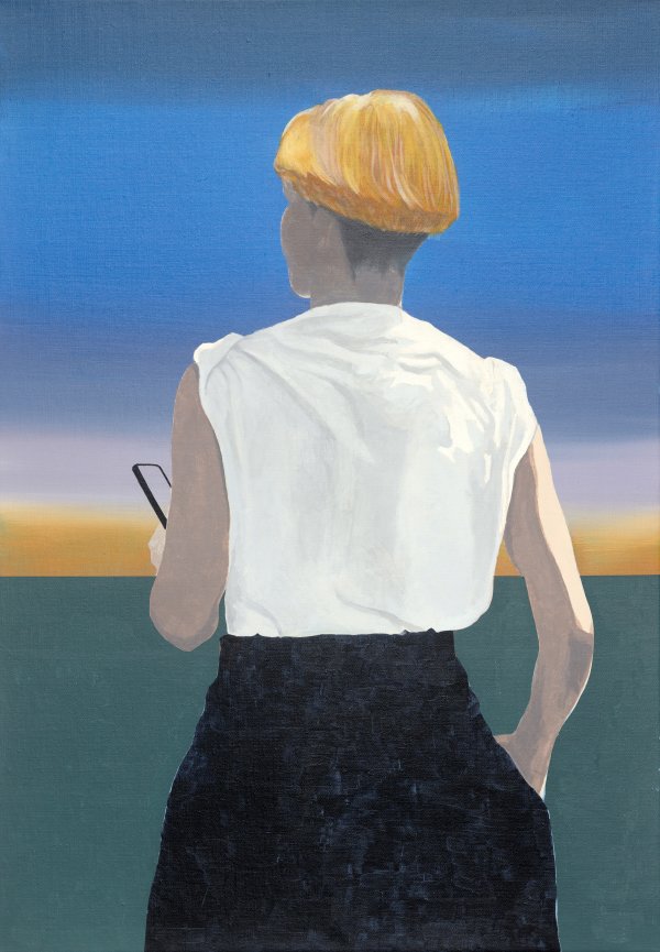Painting of a blonde woman from behind, looking in the sunset with her smartphone in her left hand