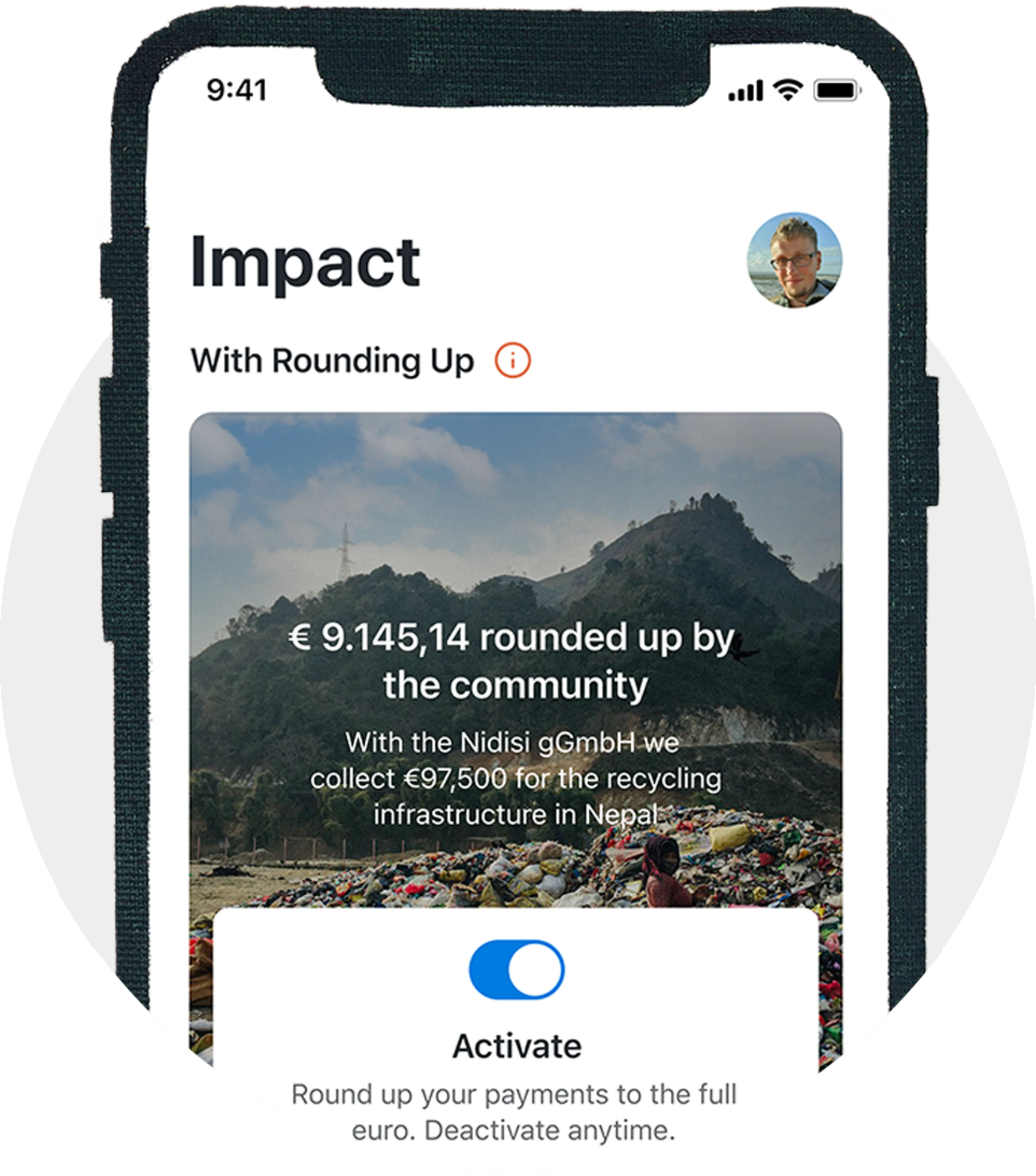 An App Screen on which you can see how it looks like when you activate the rounding up feature.