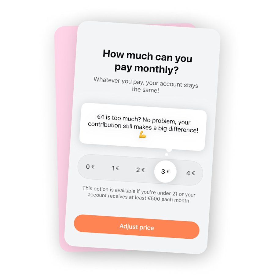 The Tomorrow Card in the background with this text in the foreground: ‘Is 4 euros too much for you? Cool that you're paying the full price.’