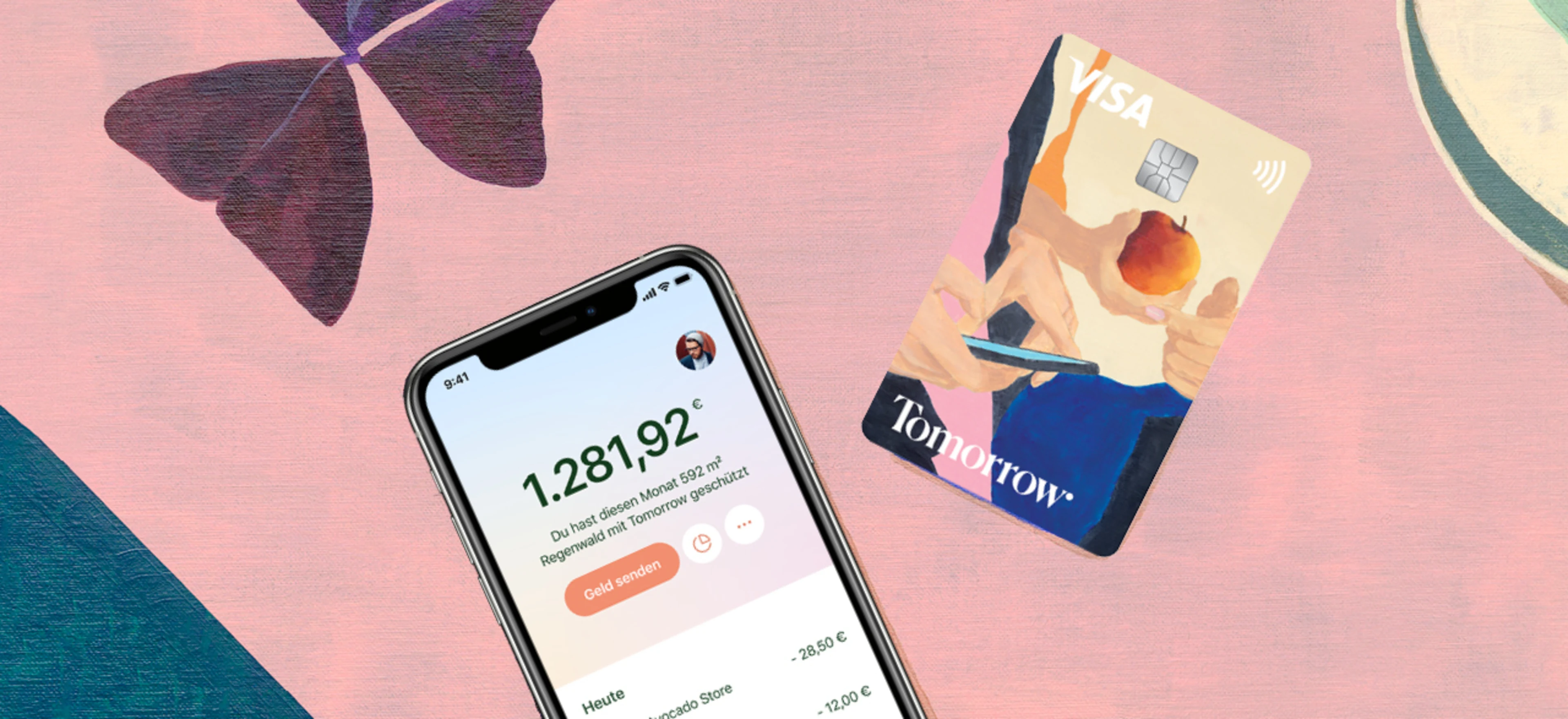 Tomorrow debit card and app on rose background