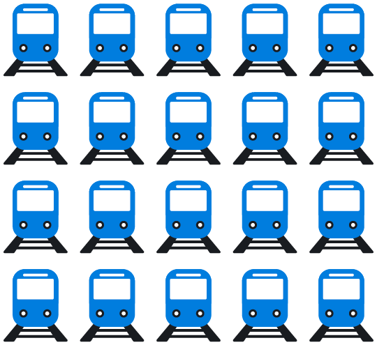 20 blaue Züge in der Frontansicht