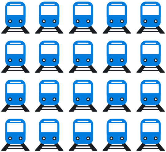 20 blaue Züge in der Frontansicht