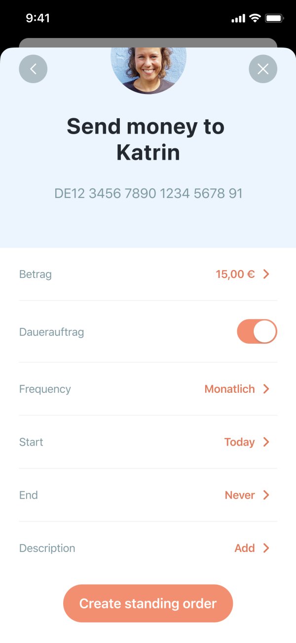 App screenshot of standing orders settings