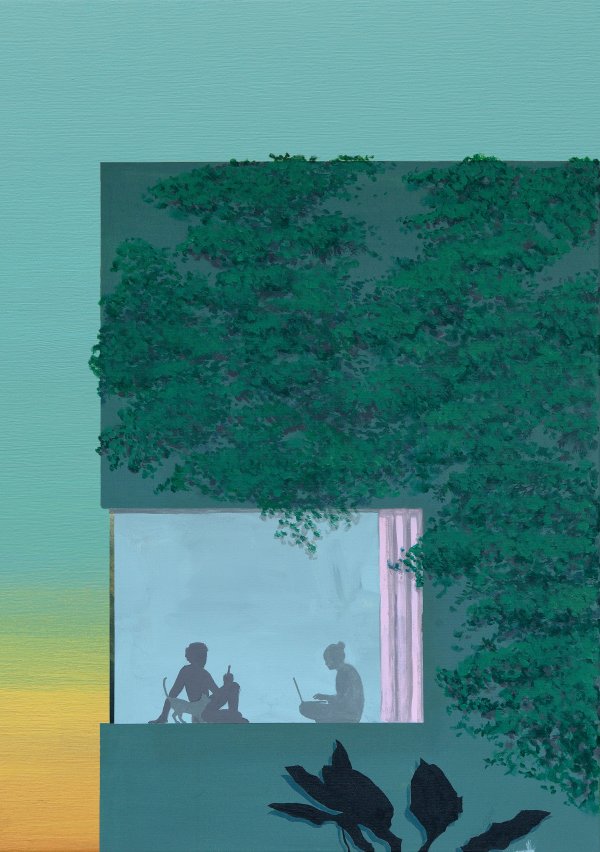 Silhouettes of people in a window of a overgrown house