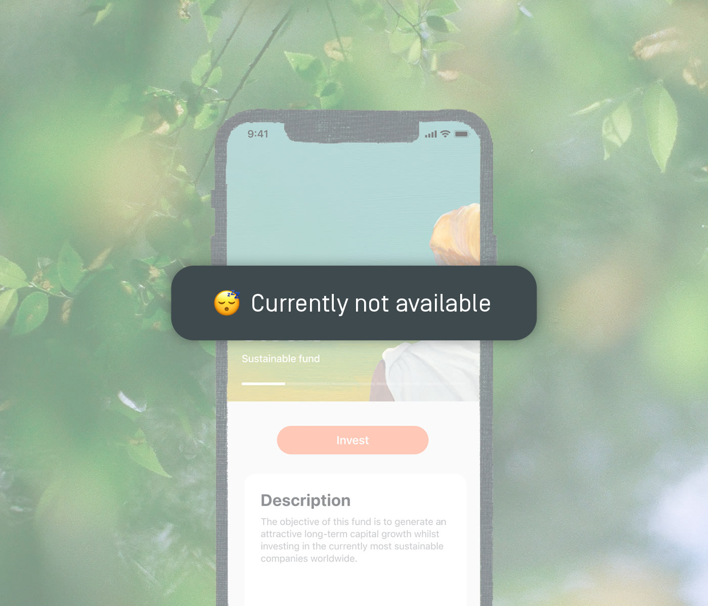 Screenshot with the investing functionality hidden behind the sleeping emoji