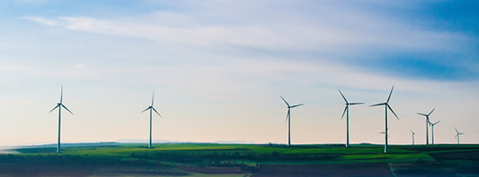 Windmills, blue sky, green gras