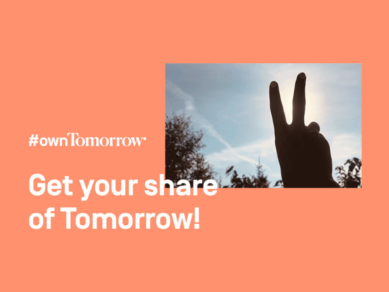 #ownTomorrow 2.0 
Get your share of Tomorrow!
A hand in front of the blue sky is forming the peace symbol with its fingers