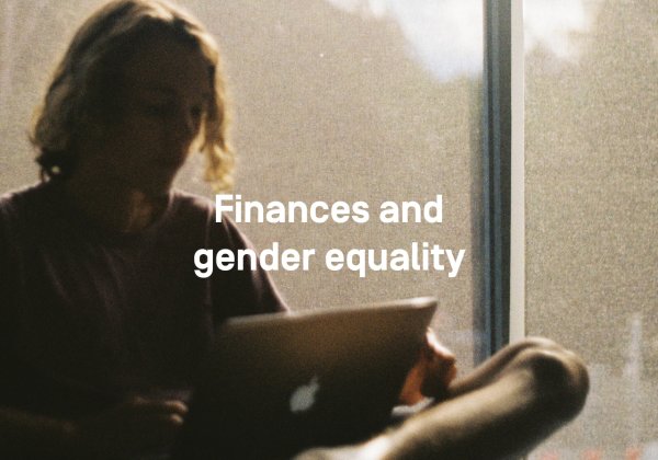 Woman with laptop: text: Finances and gender equality