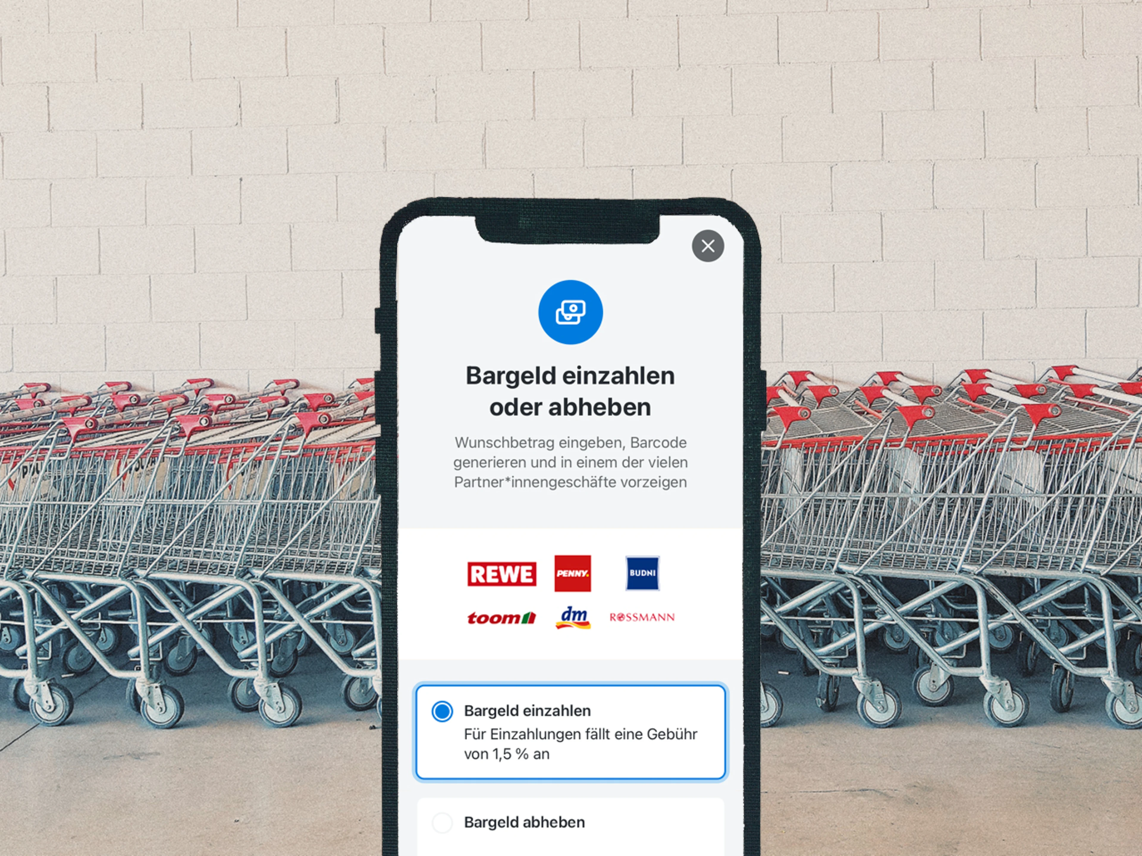 Zu sehen ist die App-Ansicht und wie es aussieht, wenn jemand das Barzahlen-Feature nutzt.