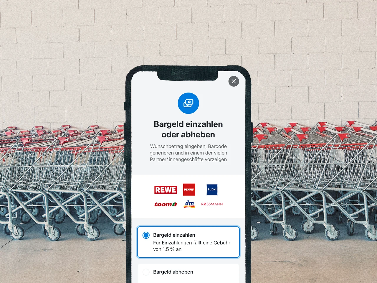 Zu sehen ist die App-Ansicht und wie es aussieht, wenn jemand das Barzahlen-Feature nutzt.