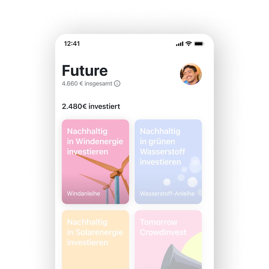 Ein Screenshot der Investitionsfunktion in der Tomorrow App
