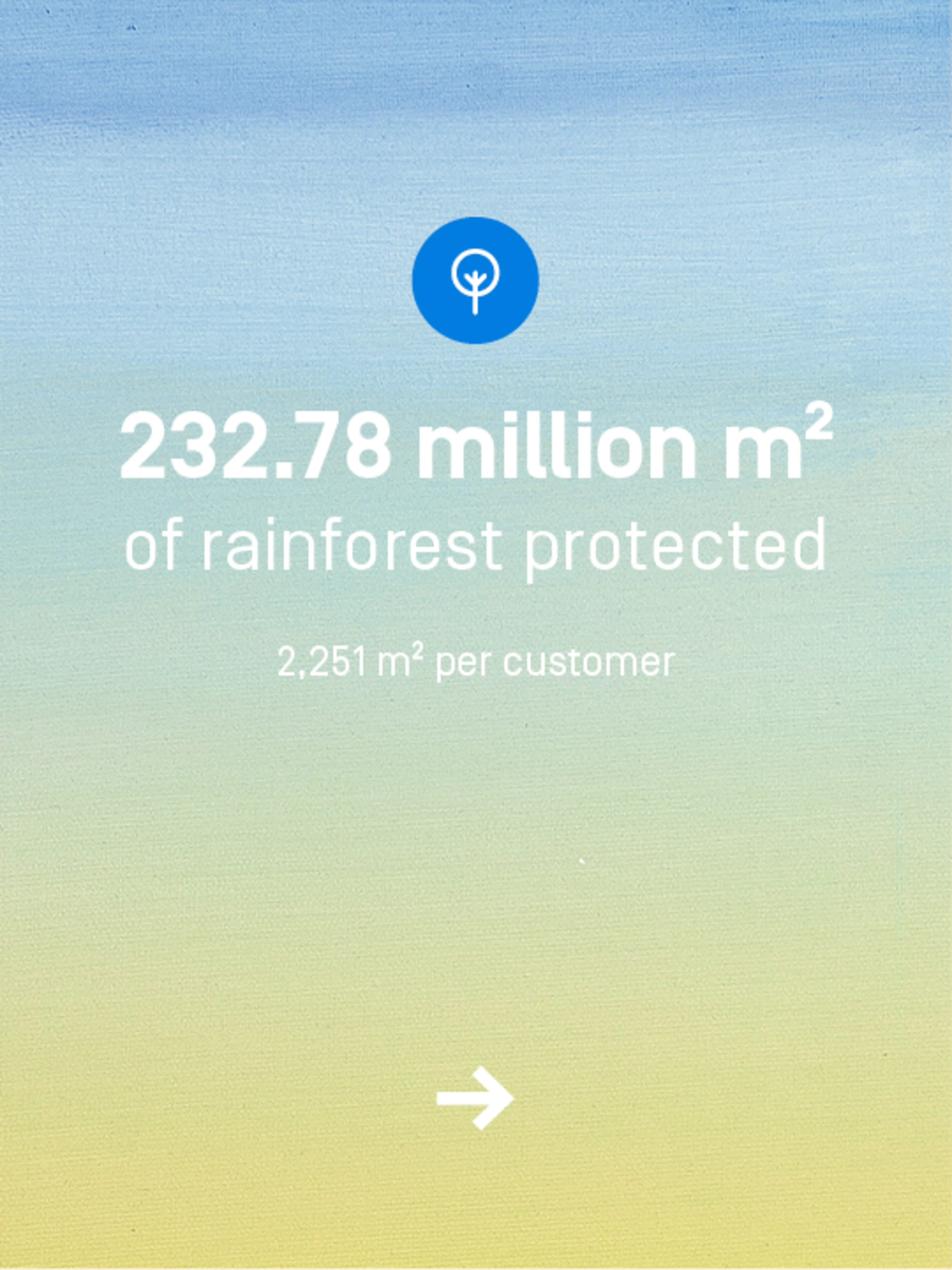 You have protected 232.78 million square meters of rainforest. That's an average of 2251 square meters per customer.
