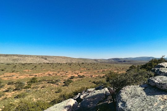 The picture was taken from a hill on the Spekboom site, you can see large parts of the area and a blue sky.