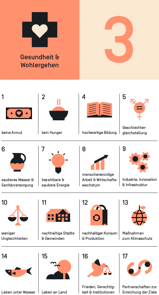 Fokus SDG:
SDG3: Gesundheit und Wohlergehen
Andere SDGs:
SDG 1: Keine Armut
SDG 2: Kein Hunger
SDG 4: hochwertige Bildung
SDG 5: Geschlechtergleichstellung
SDG 6: Sauberes Wasser und Sanitärversorgung
SDG 7: bezahlbare und saubere Energie
SDG 8: menschenwürdige Arbeit & Wirtschaftswachstum
SDG 9: Industrie, Innovation und Wirtschaftswachstum
SDG 10: weniger Ungleichheiten
SDG 11: nachhaltige Städte und Gemeinden
SDG 12: nachhaltiger Konsum und Produktion
SDG 13: Maßnahmen zum Klimaschutz
SDG 14: Leben unter Wasser
SDG 15: Leben an Land
SDG 16: Frieden, Gerechtigkeit & Institutionen
SDG 17: Partnerschaften zur Erreichung der Ziele
