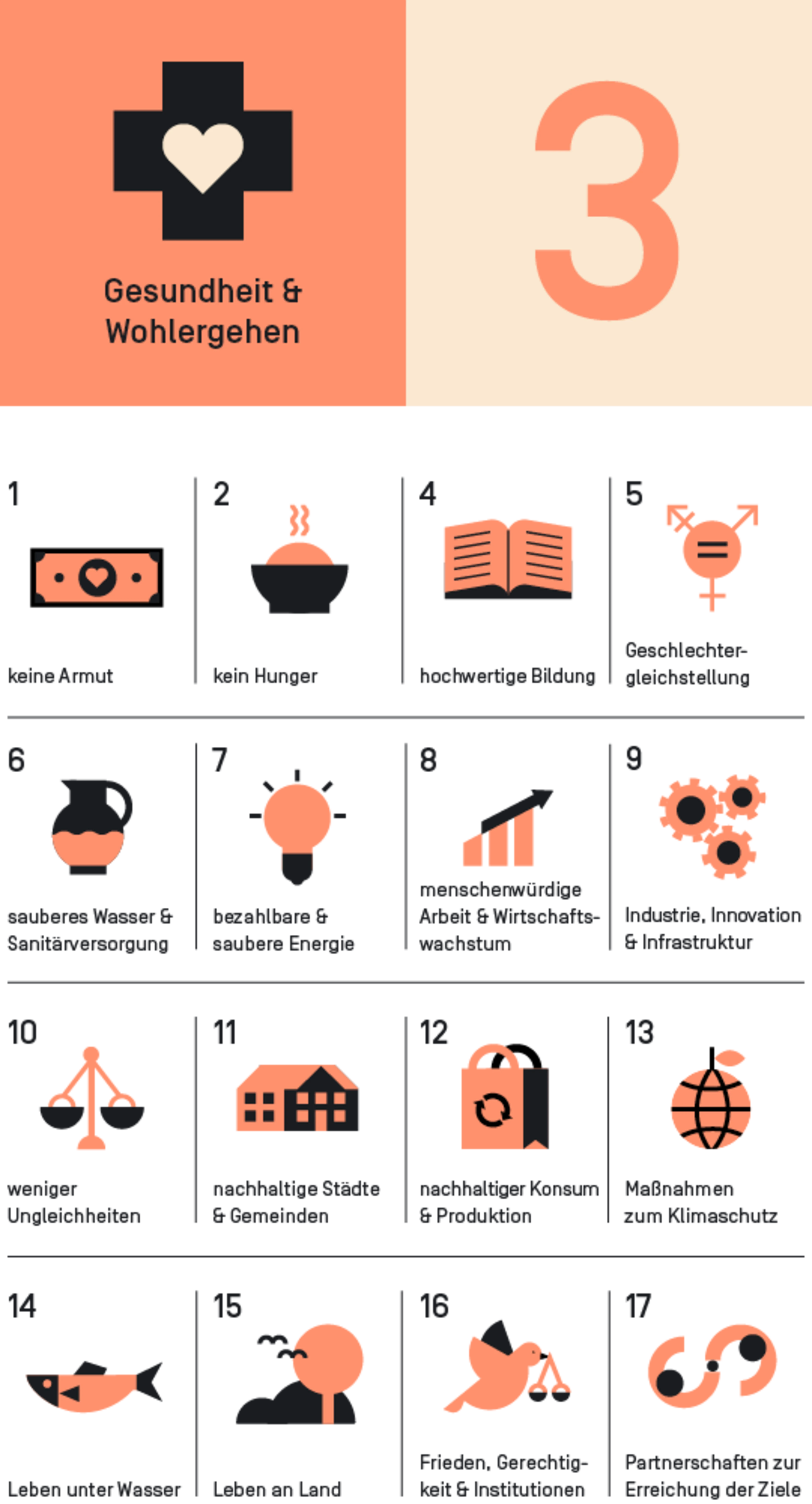 Fokus SDG:
SDG3: Gesundheit und Wohlergehen
Andere SDGs:
SDG 1: Keine Armut
SDG 2: Kein Hunger
SDG 4: hochwertige Bildung
SDG 5: Geschlechtergleichstellung
SDG 6: Sauberes Wasser und Sanitärversorgung
SDG 7: bezahlbare und saubere Energie
SDG 8: menschenwürdige Arbeit & Wirtschaftswachstum
SDG 9: Industrie, Innovation und Wirtschaftswachstum
SDG 10: weniger Ungleichheiten
SDG 11: nachhaltige Städte und Gemeinden
SDG 12: nachhaltiger Konsum und Produktion
SDG 13: Maßnahmen zum Klimaschutz
SDG 14: Leben unter Wasser
SDG 15: Leben an Land
SDG 16: Frieden, Gerechtigkeit & Institutionen
SDG 17: Partnerschaften zur Erreichung der Ziele