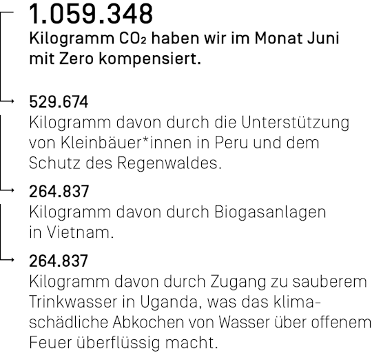 1.059.348 Kilogramm CO₂ haben wir im Monat Juni mit Zero kompensiert.