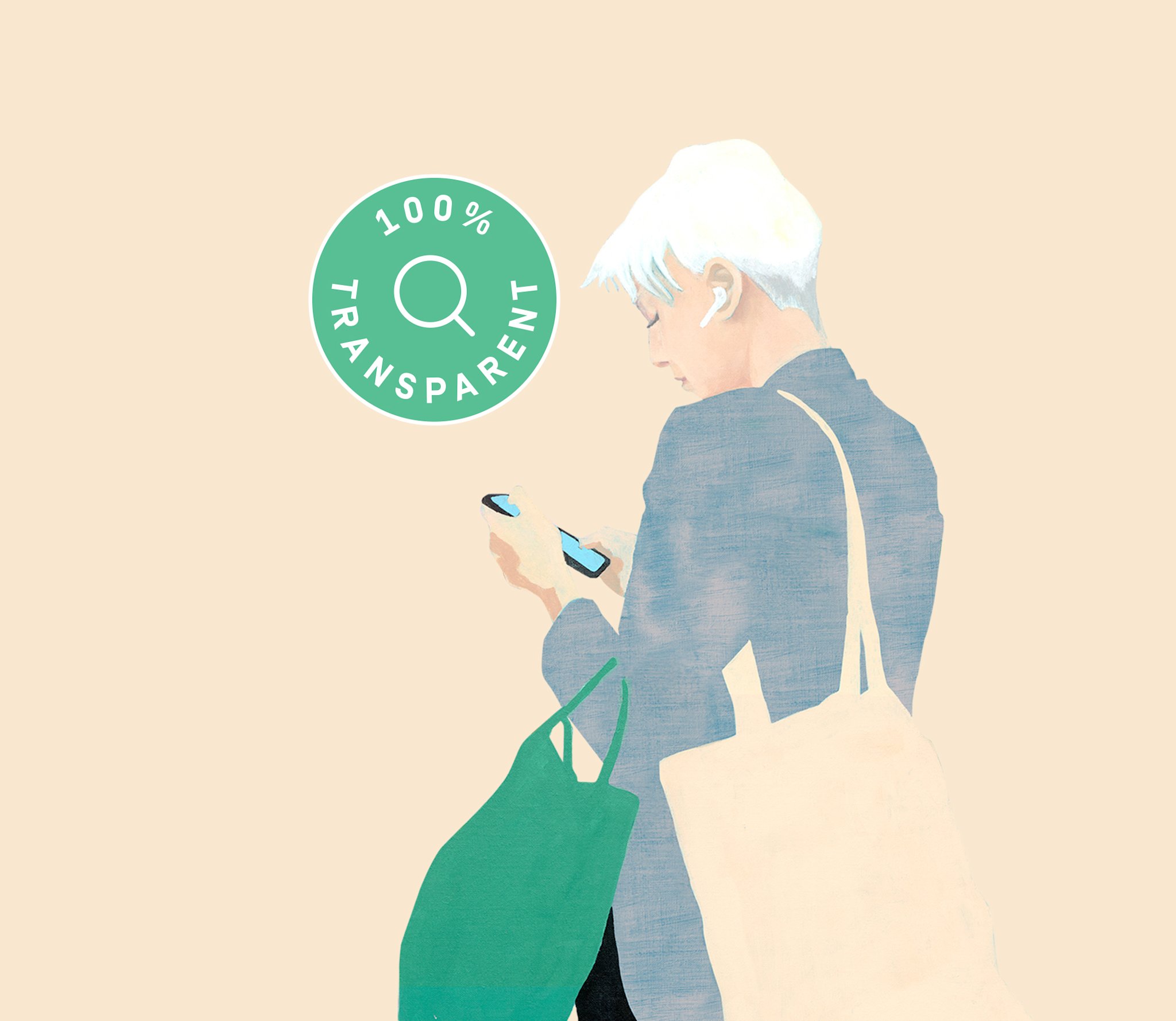 A woman looks at her mobile phone and a badge can be seen in the picture. The text on the badge reads ‘100% transparent’.