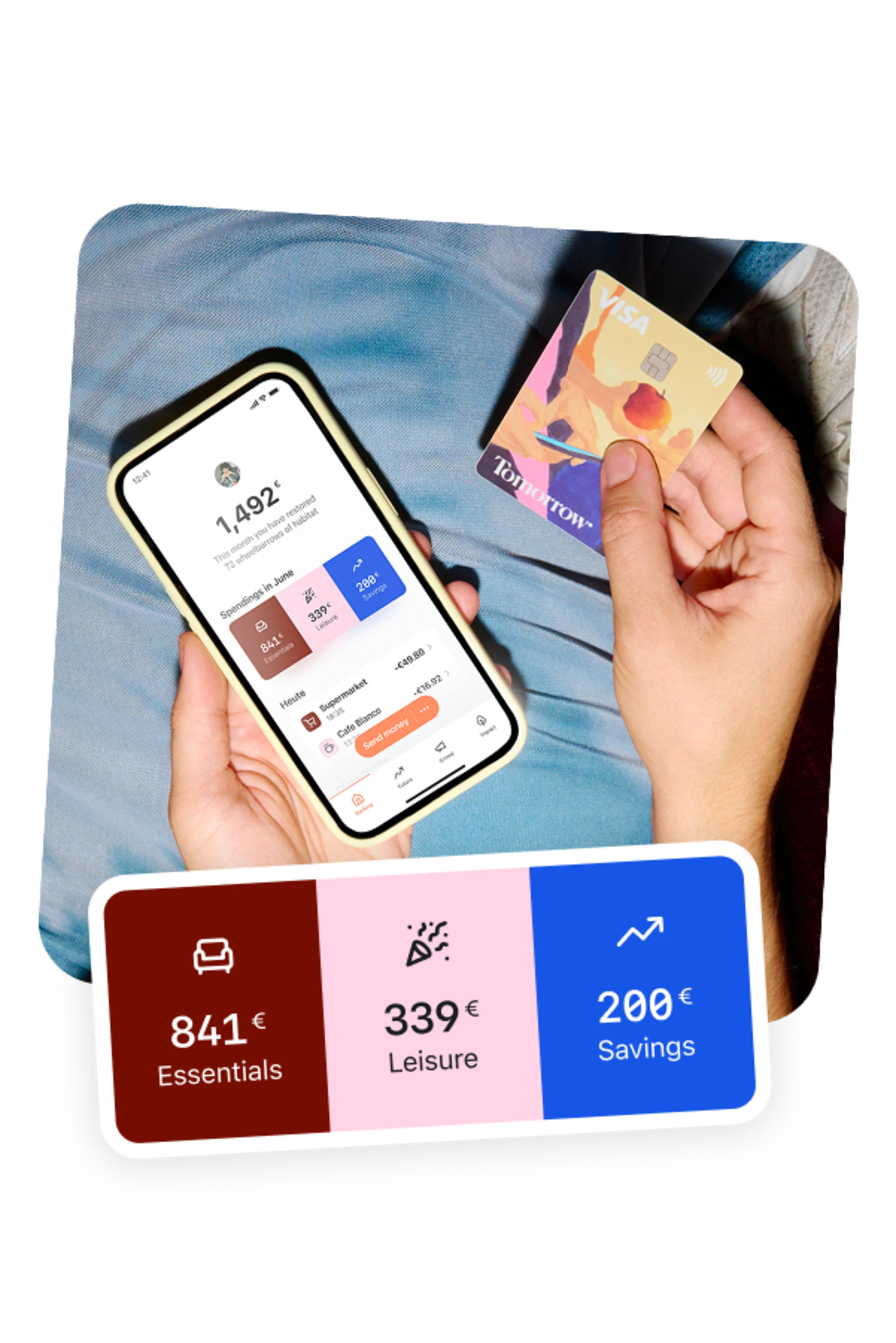 A person holding a smartphone with the Tomorrow app open in their left hand and the Tomorrow card in their right hand.