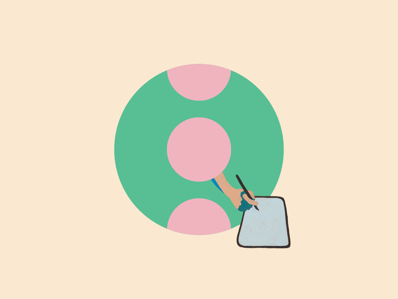 Stylized globe with an arm sticking out of it taking notes on an ipad