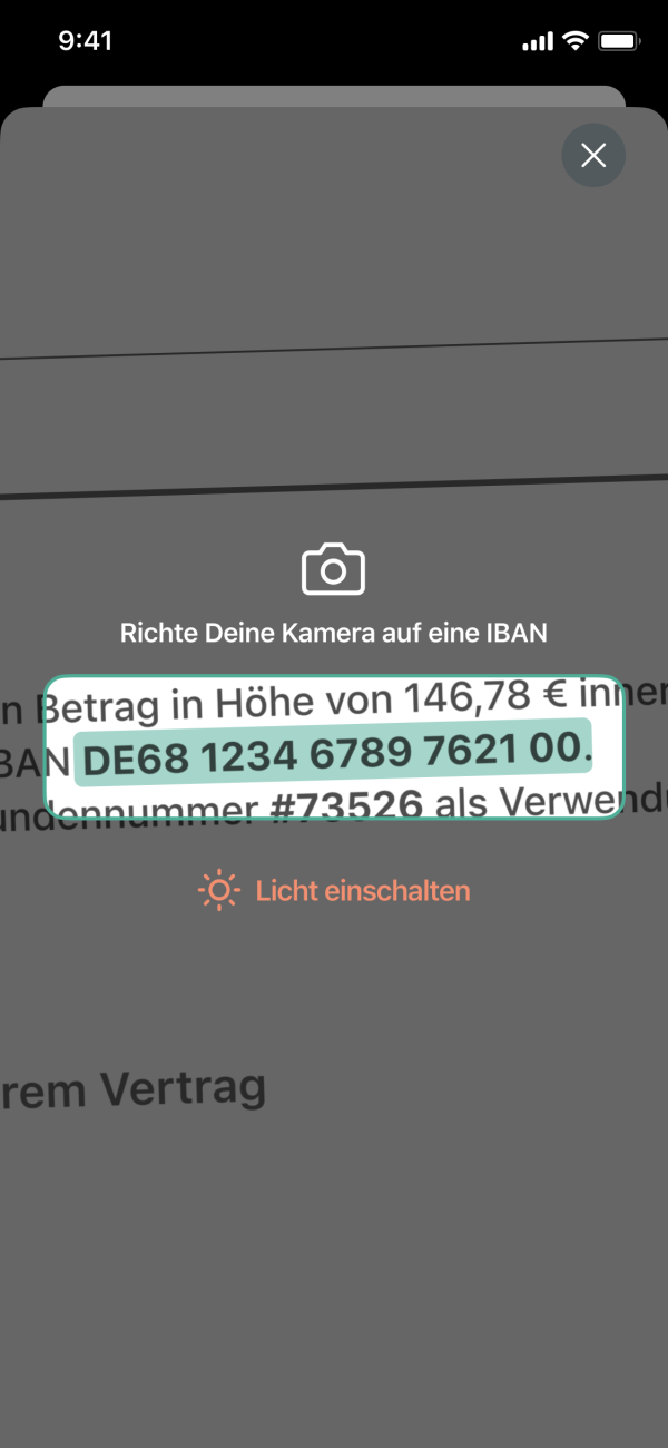 App Screenshot der IBAN Funktion