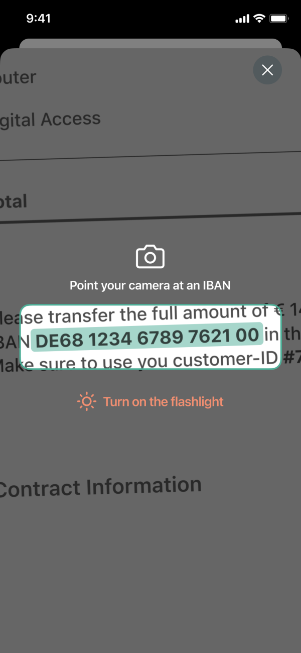 App screenshot of the IBAN scan functionality