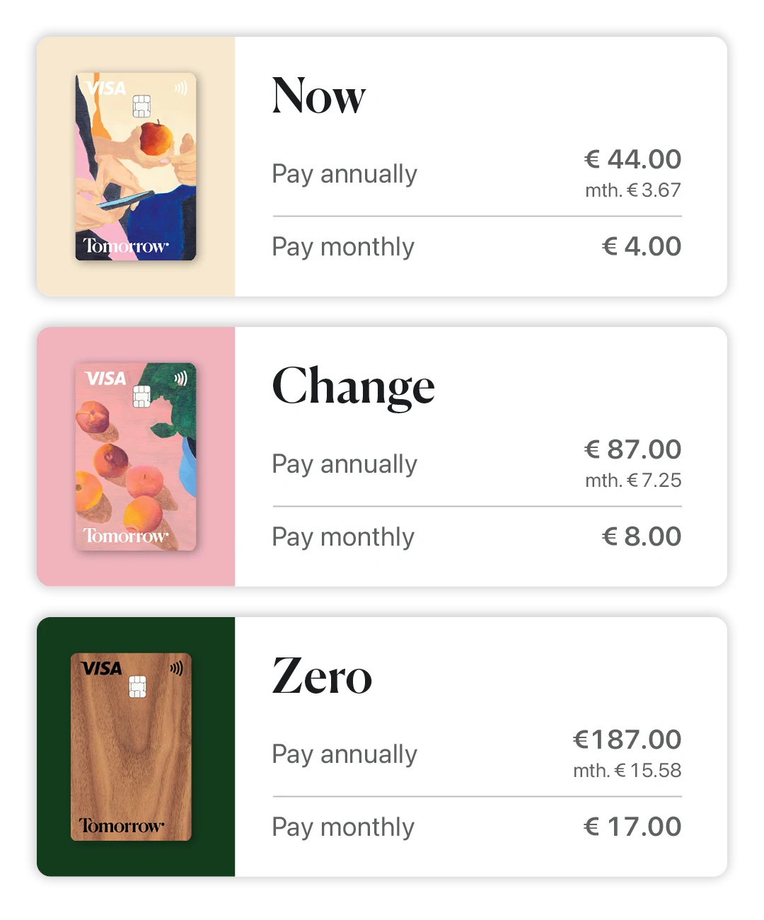 The picture shows the new annual prices for the Tomorrow accounts.