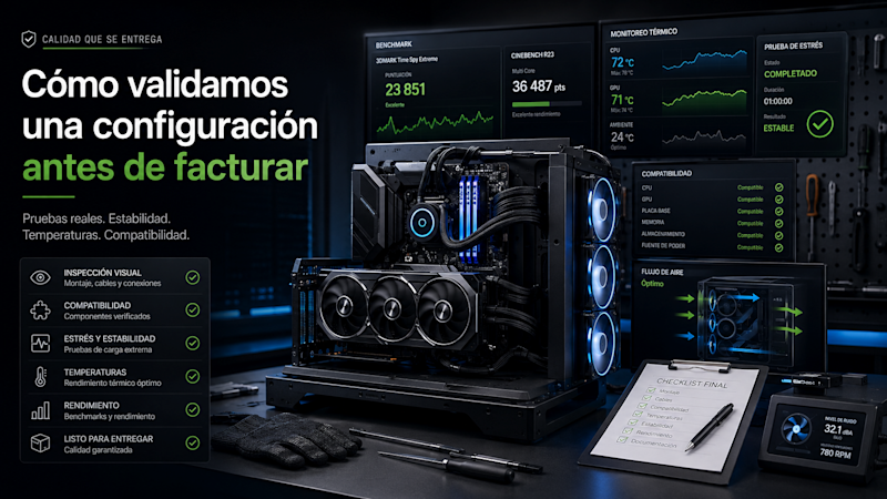 Componentes premium de PC organizados para validación técnica antes del montaje.