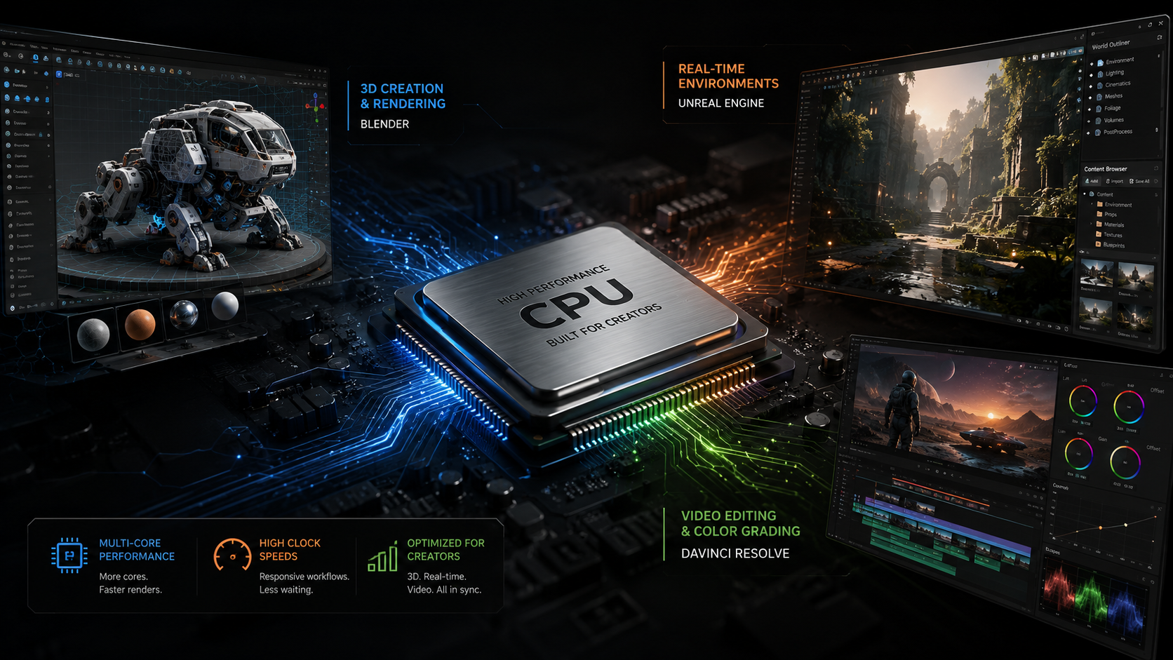 Workstation creativa para Blender, Unreal Engine y DaVinci Resolve en un estudio profesional.