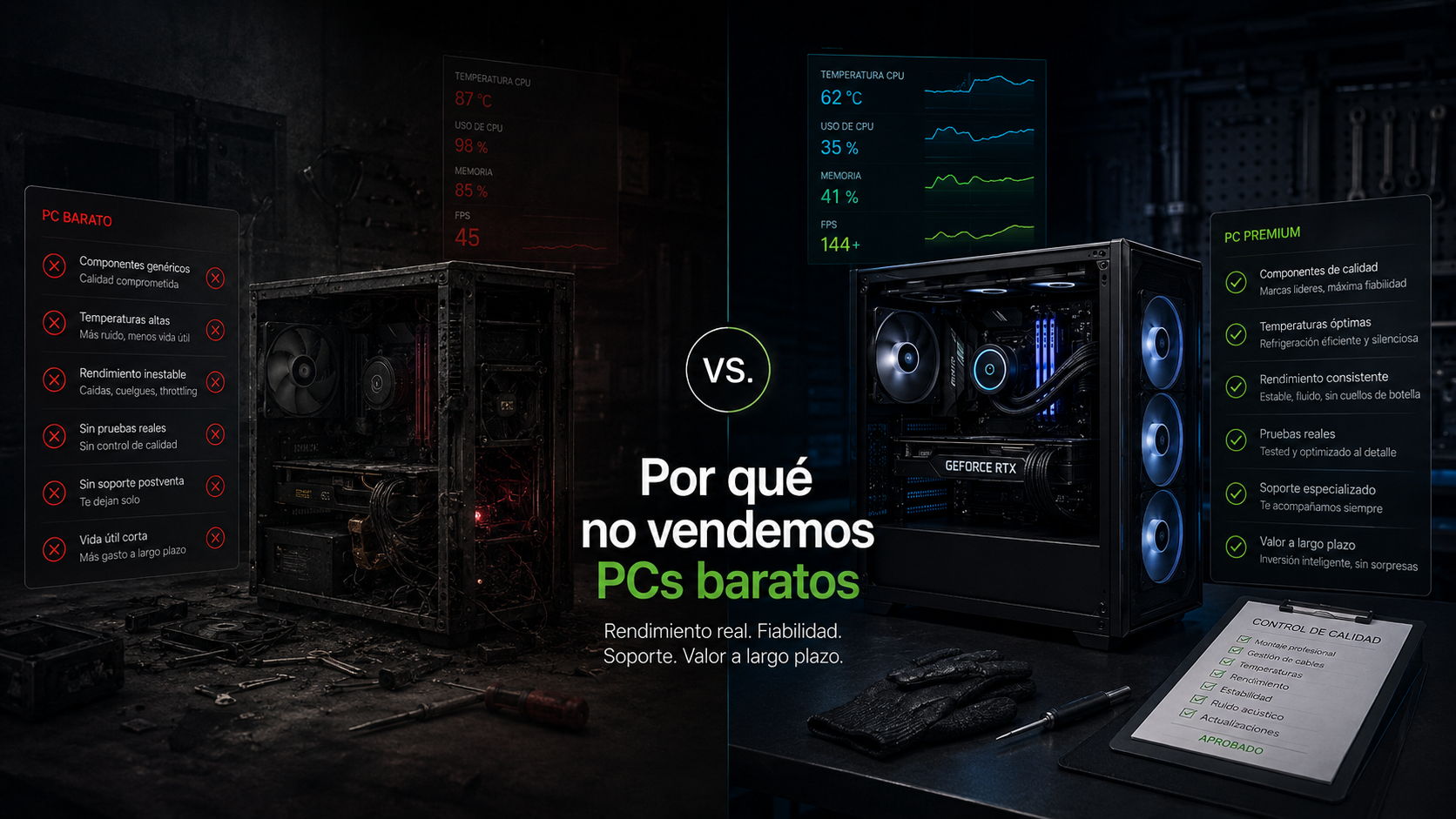 Workstation premium montada con cuidado frente a un PC genérico desenfocado.