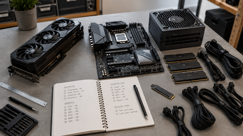 Componentes premium de workstation preparados para validar precio, disponibilidad, garantía y compatibilidad antes del montaje.