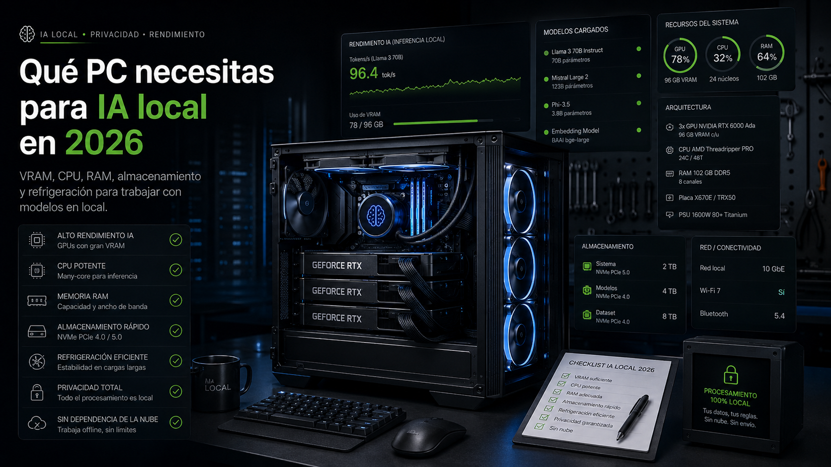 Workstation premium preparada para IA local con pantallas de desarrollo y componentes de alto rendimiento.