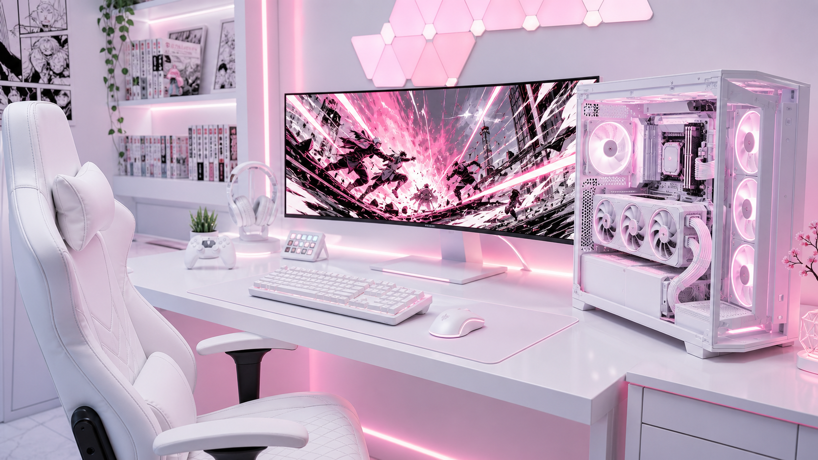 PC gaming premium a medida en un setup blanco con iluminación rosa neón, montaje limpio y estética manga de alto rendimiento.