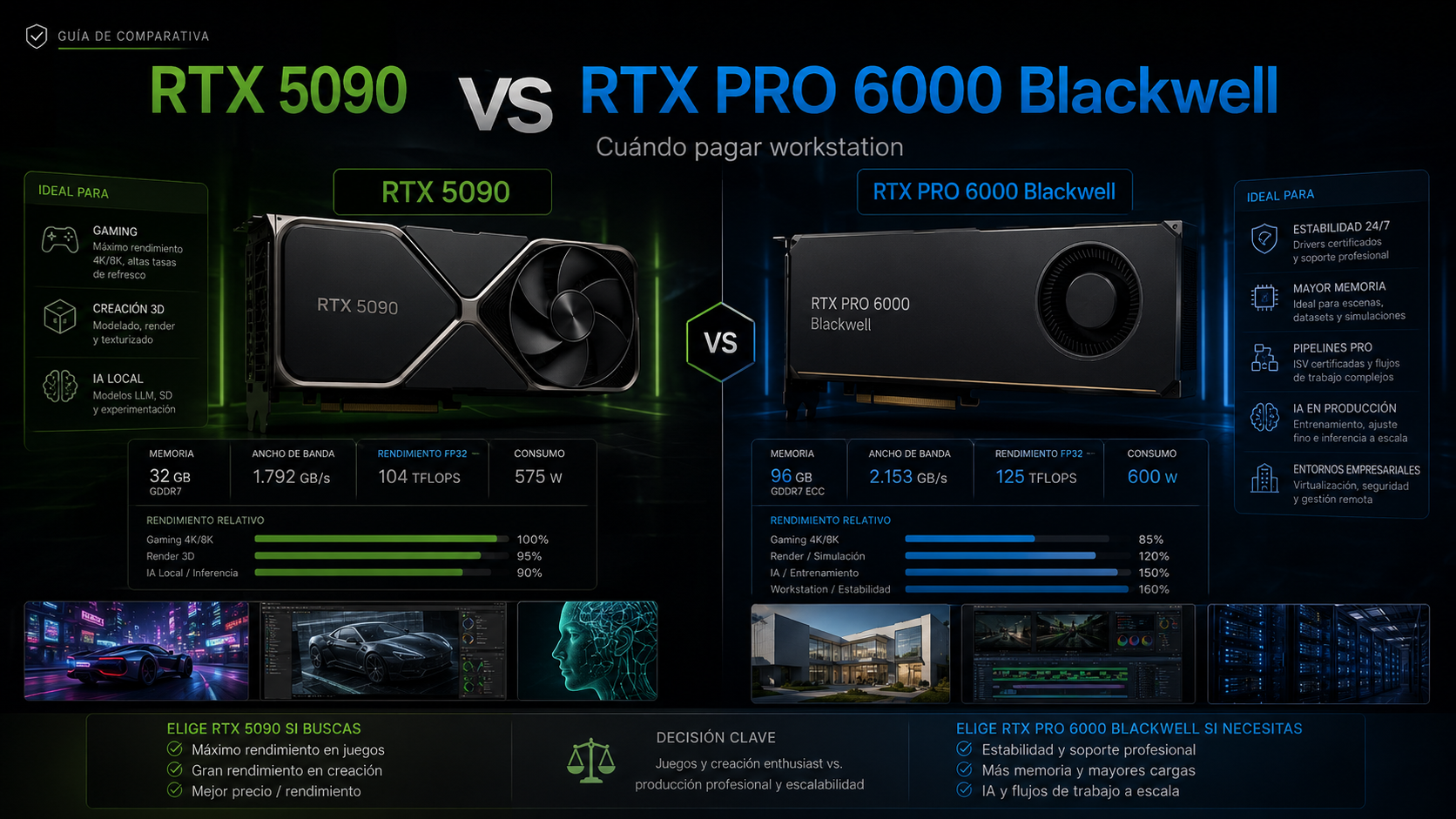 Comparativa visual entre una estación con RTX 5090 y una workstation profesional para IA y render.