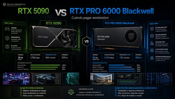 RTX 5090 vs RTX PRO 6000 Blackwell: cuándo pagar workstation