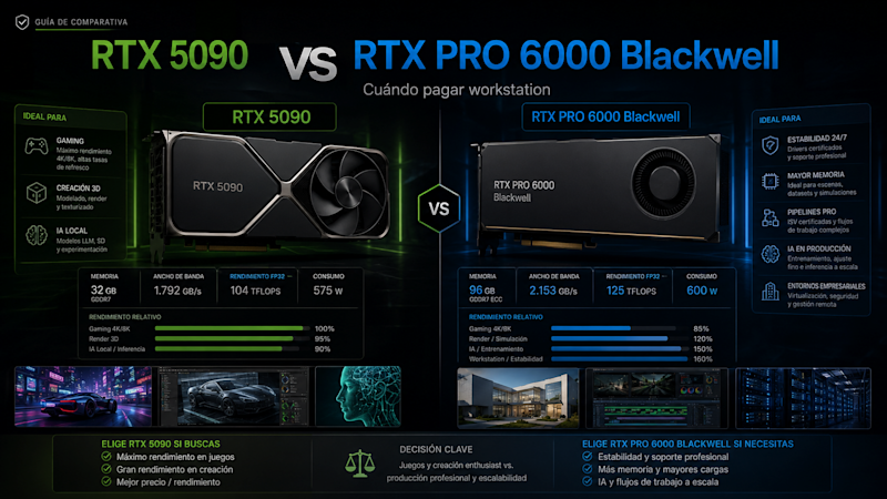 Comparativa visual entre una estación con RTX 5090 y una workstation profesional para IA y render.