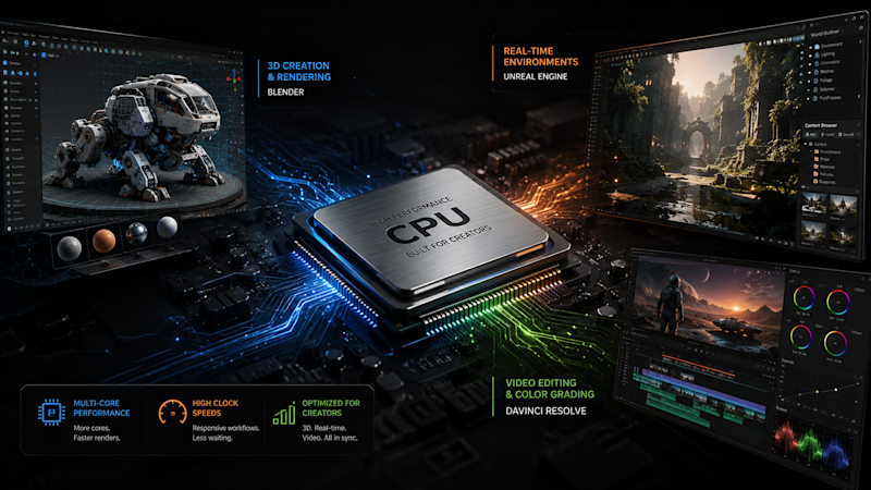Workstation creativa para Blender, Unreal Engine y DaVinci Resolve en un estudio profesional.
