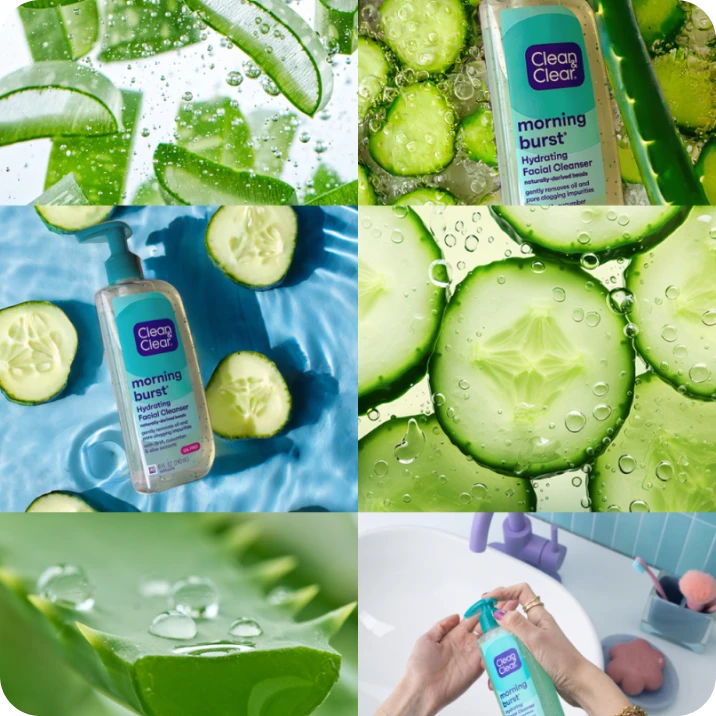 Clean & Clear® Morning Burst® Hydrating Facial Cleanser being applied and surrounded by images of fresh aloe and cucumber