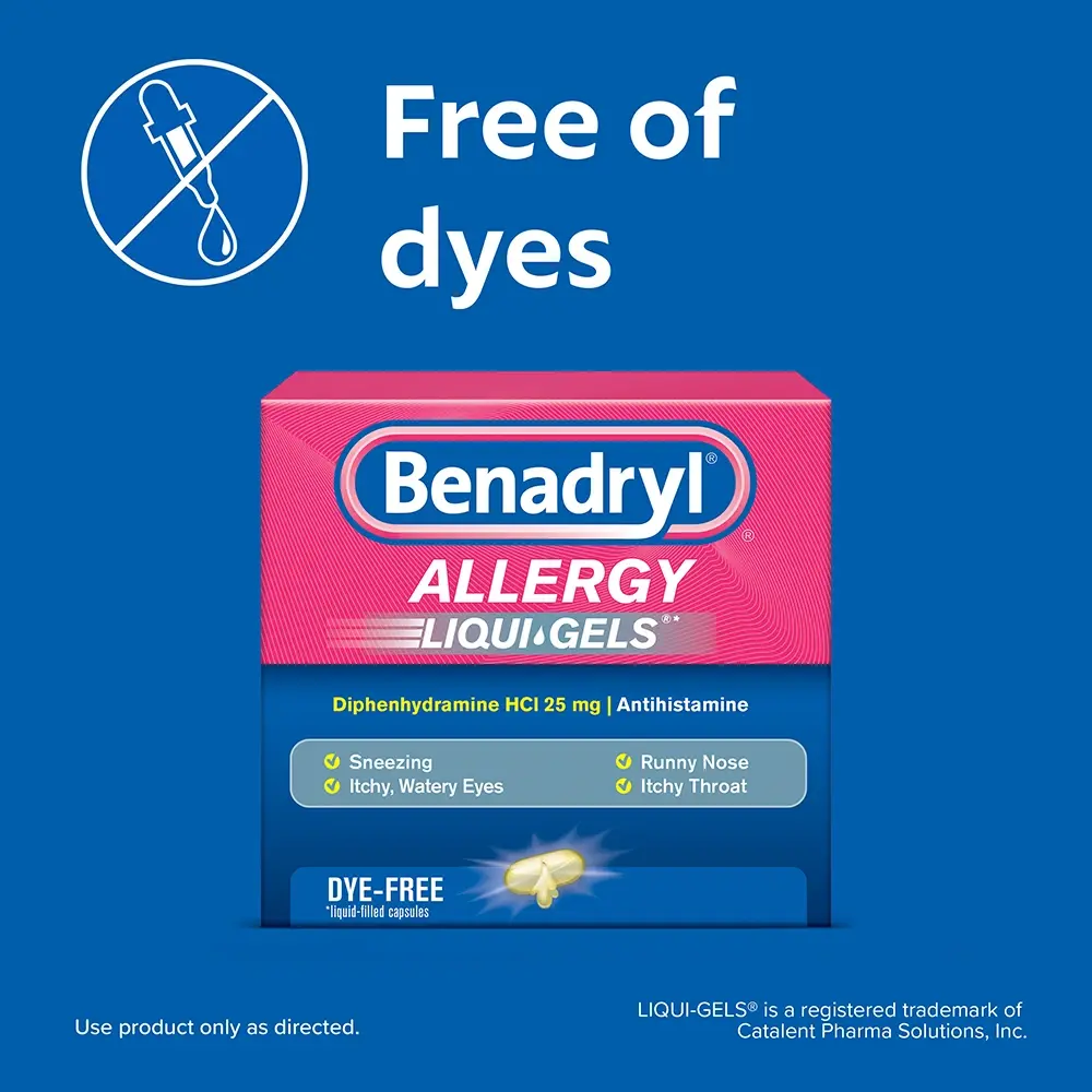 BENADRYL® Allergy Antihistamine Dye-Free LIQUI-GELS®  packaging highlighting that it is free of dyes and used for relief from sneezing, runny nose, itchy throat, and itchy watery eyes.