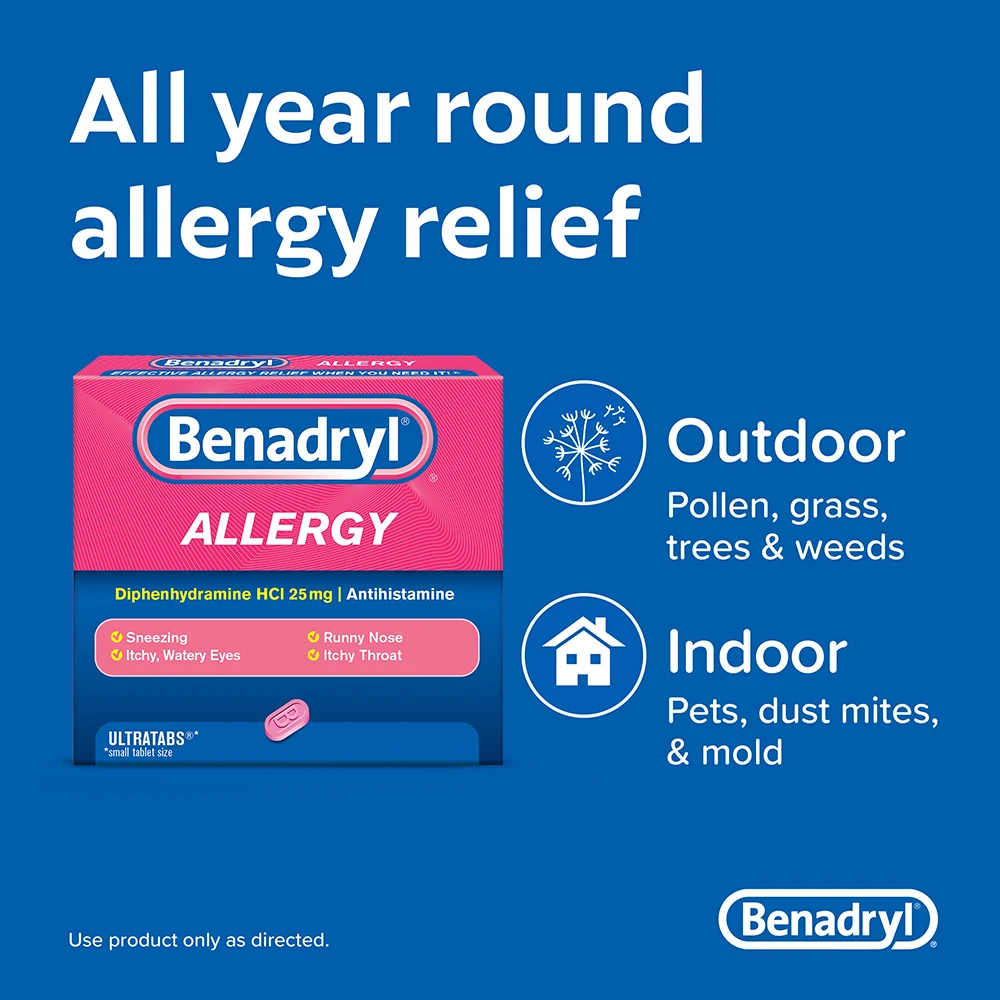 BENADRYL® Allergy ULTRATABS® Tablets box with text 'All year round allergy relief' and icons indicating relief from outdoor pollen, grass, trees, weeds and indoor pets, dust mites, mold.